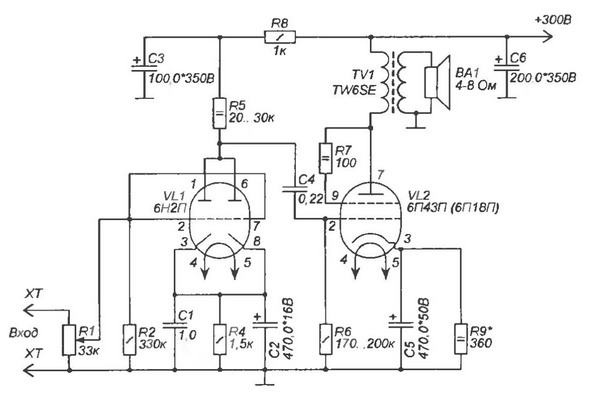 Схема лампового усилителя на 6Н2П, 6П14П (3 Вт)